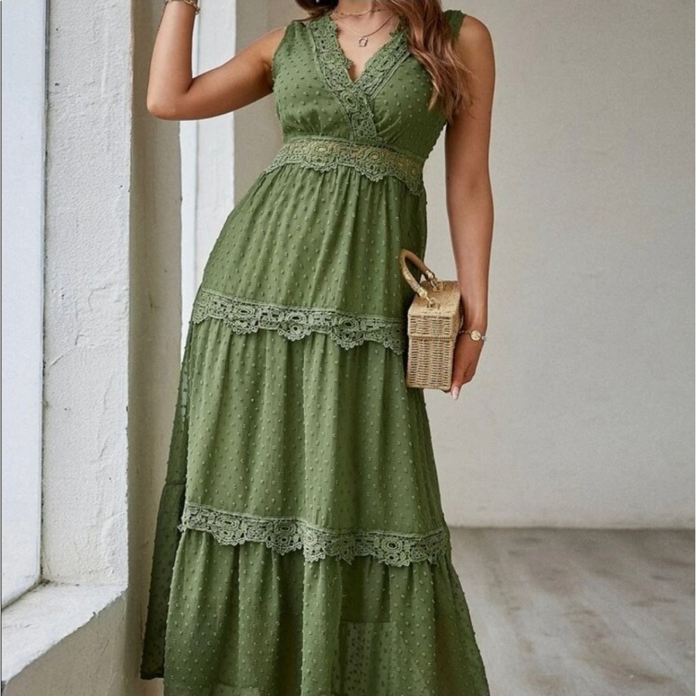 WATER LILY Lace Trim Olive Green Maxi Dress Size Medium M Tiered - Picture 6 of 16